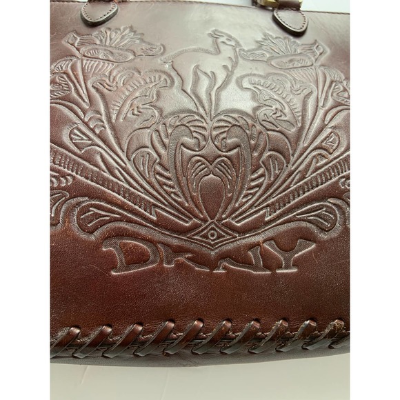 Vtg DKNY Handbag Purse Brown Tooled Deer Leather Stitches Zip Top Double Handles - Picture 2 of 8